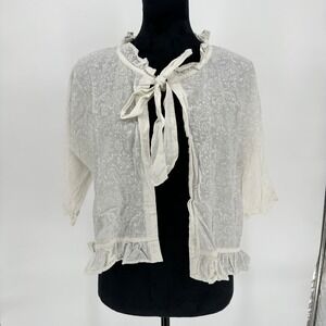 Kilol White Floral Ruffle Hem Open Cardigan 3/4 Sleeve Bow Cottage Feminine L